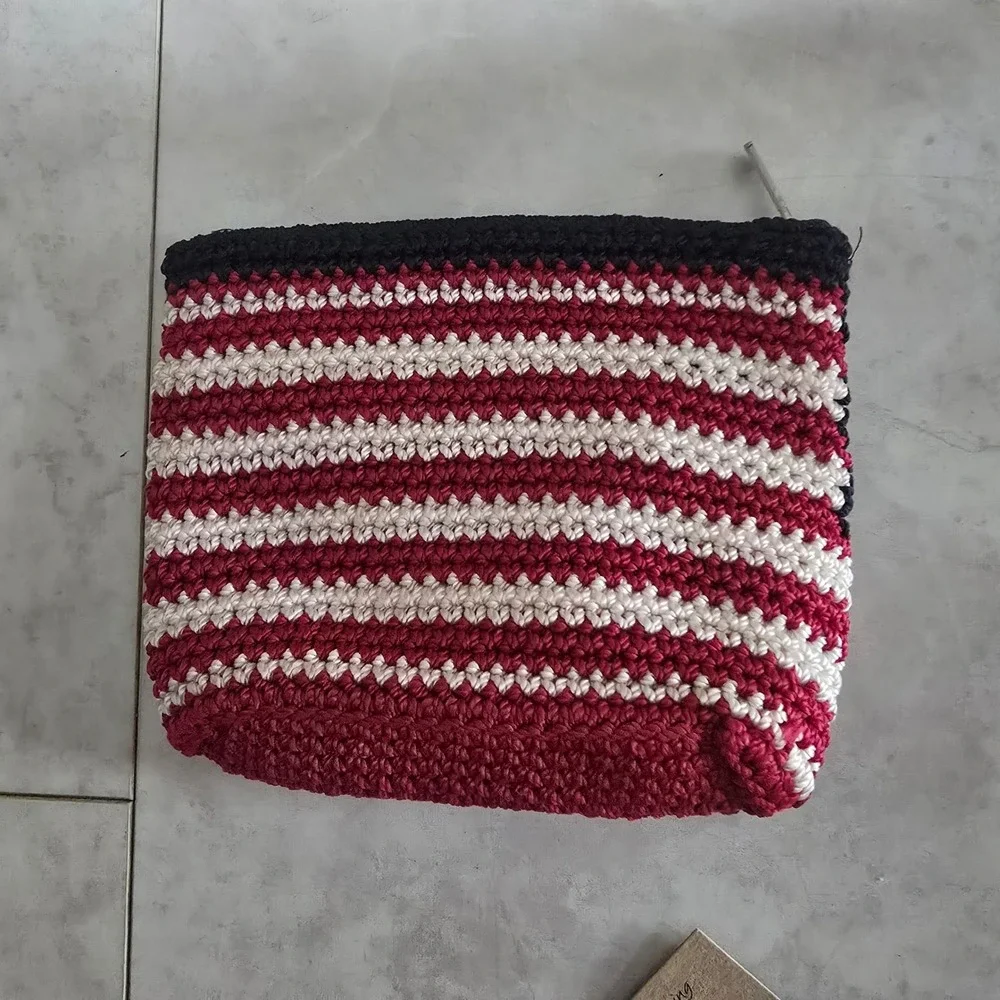 The Sak American Flag Crochet Cosmetic Bag Patriotic Makeup Pouch Red White Blue